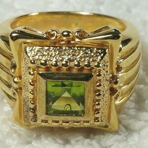 Art Deco Gold and Green Peridot Ring with Diamond Accents